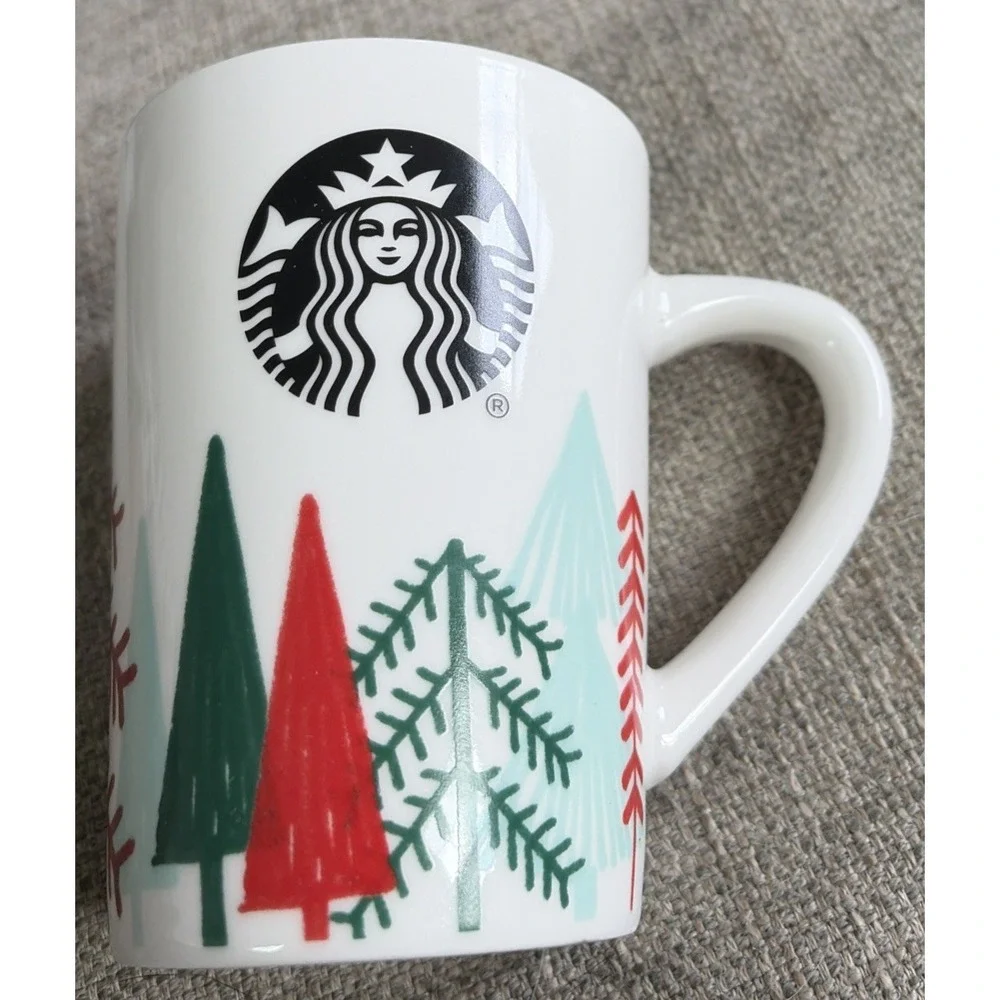 Starbucks 14oz Mug Cup Seasonal Holiday Christmas Trees Forest Winter White Snow